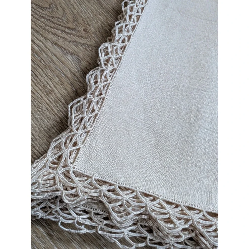 Set of 12 Brand New Vintage Linen Napkins W/ Tatting & Embroidery, 18x18 Beige